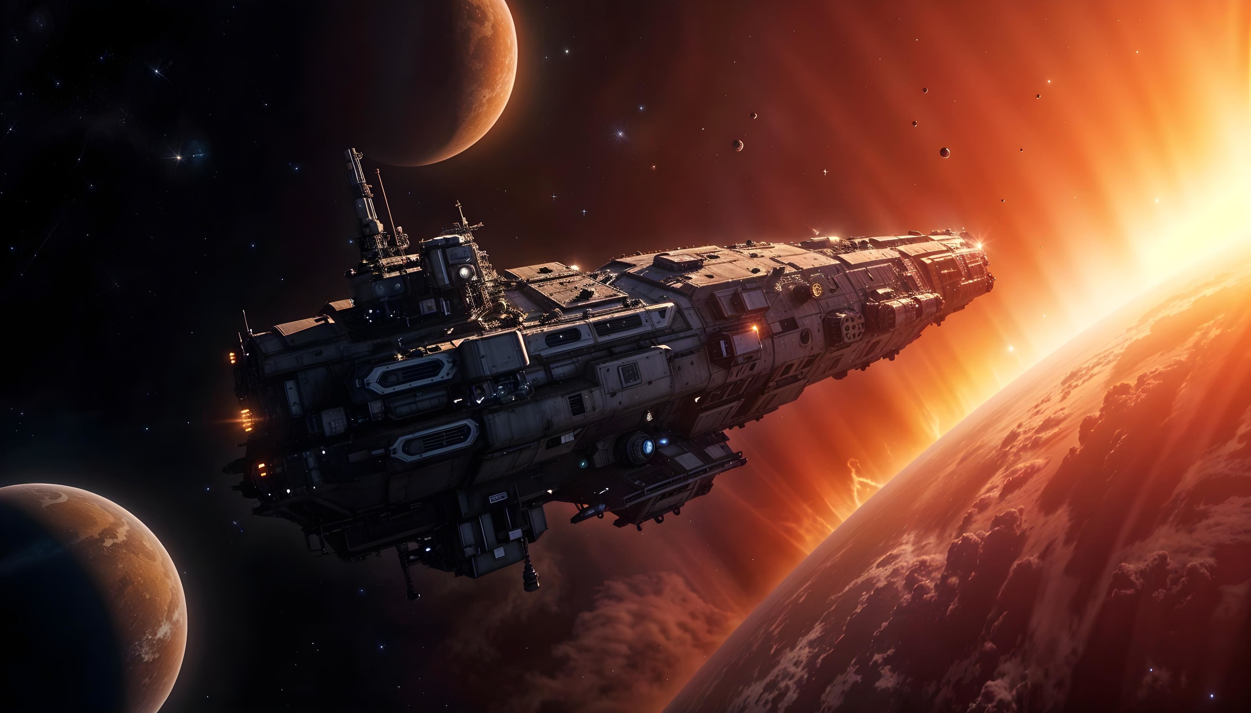 A massive spaceship hovers in space near a bright, glowing sun. Several planets and floating debris are visible in the background, adding depth to the cosmic scene. The ship is detailed with various structures and lights.