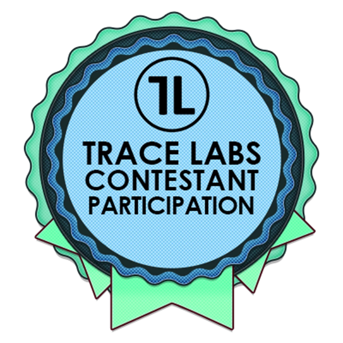 A rosette style badge with the words "Trace Labs contestant participation" in the middle