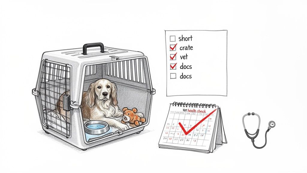 A dog in a travel crate with a water bowl and teddy bear, next to a vet checklist and calendar.