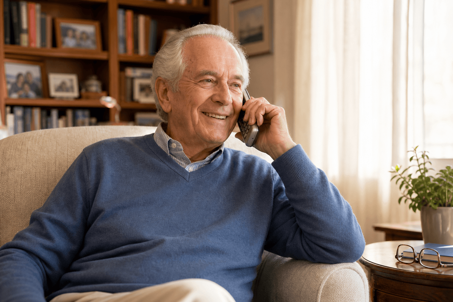 This image shows an elderly man seated comfortably in an armchair, talking on a cordless phone with a cheerful and engaged expression. He is wearing a blue sweater over a collared shirt. The background includes a bookshelf filled with books and framed photographs, suggesting a cozy, lived-in home environment. On the side table next to him, there is a pair of eyeglasses, a book, and a potted plant, contributing to a warm and inviting atmosphere. The image is suitable for illustrating topics related to senior communication, home living, telecommunication, or elderly well-being.
