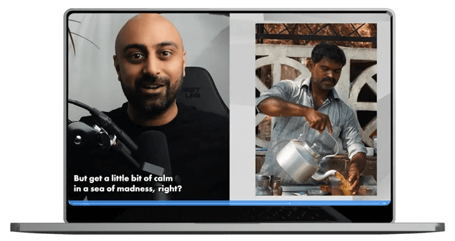 split-screen-on-laptop-man-speaking-into-microphone-on-left-text-displaying-subtitles-man-pouring-tea-from-kettle-on-right-outdoor-background