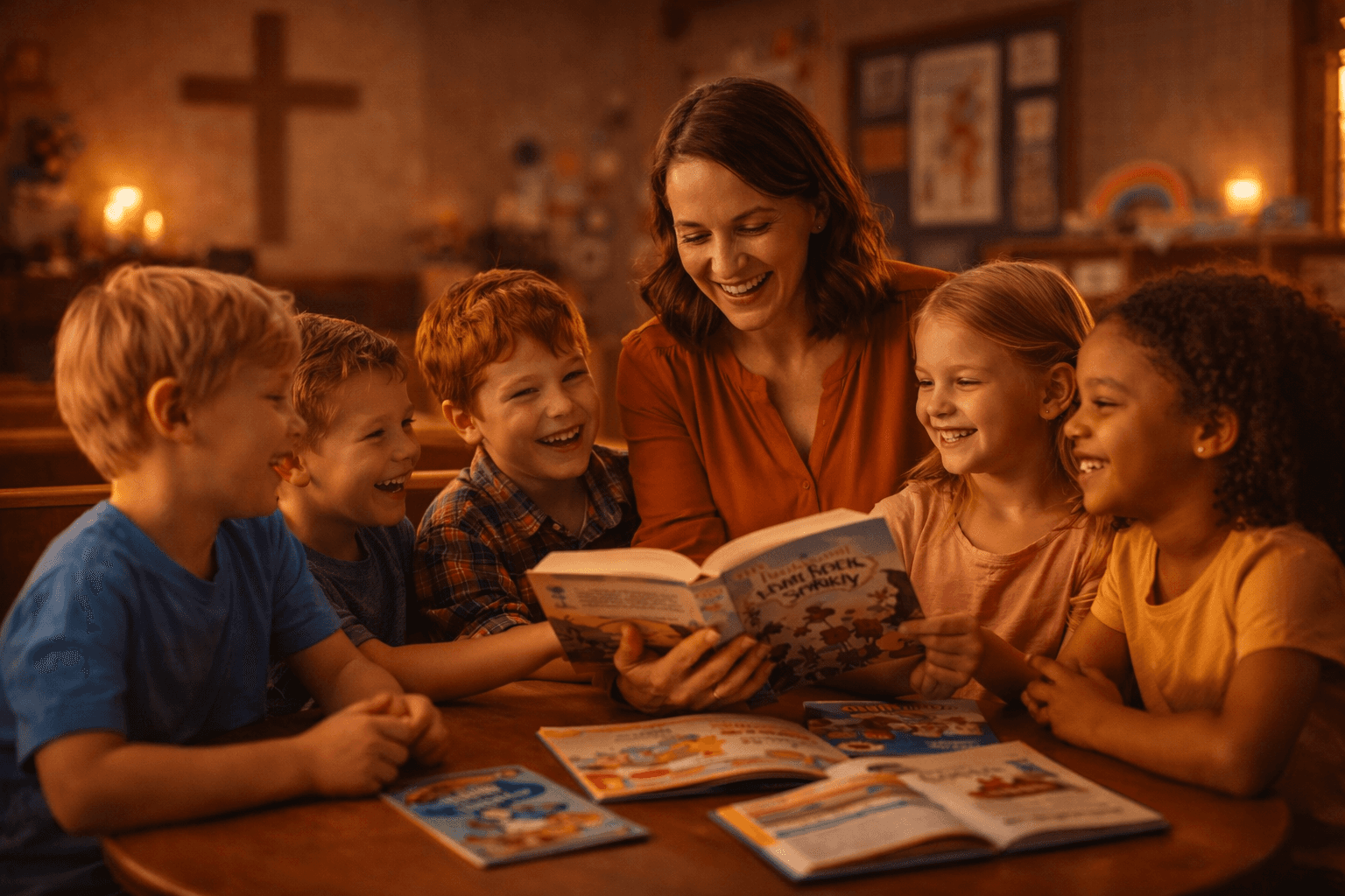 Children learning and smiling together during a church kids ministry class with a teacher in a welcoming church classroom.
