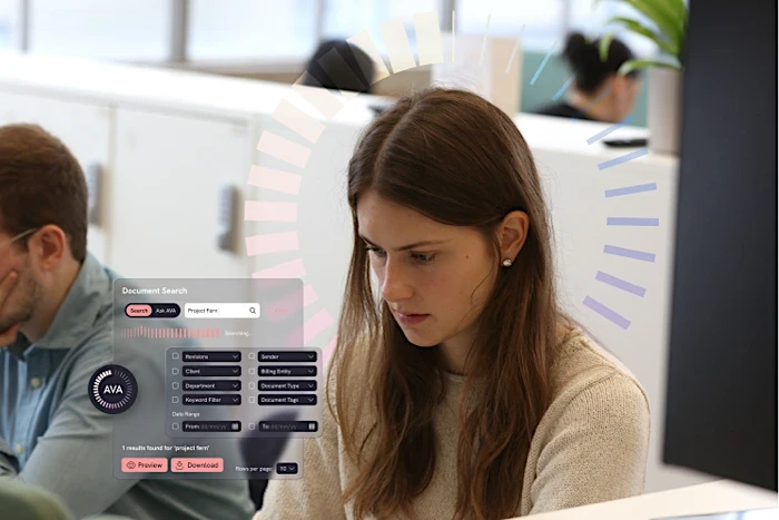 Legal professional working at a desk in a modern office, with digital document search and filtering tools overlaid to represent AI-assisted legal workflows.
