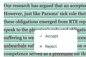 Coauthor tracked revision with accept and reject controls in a research manuscript