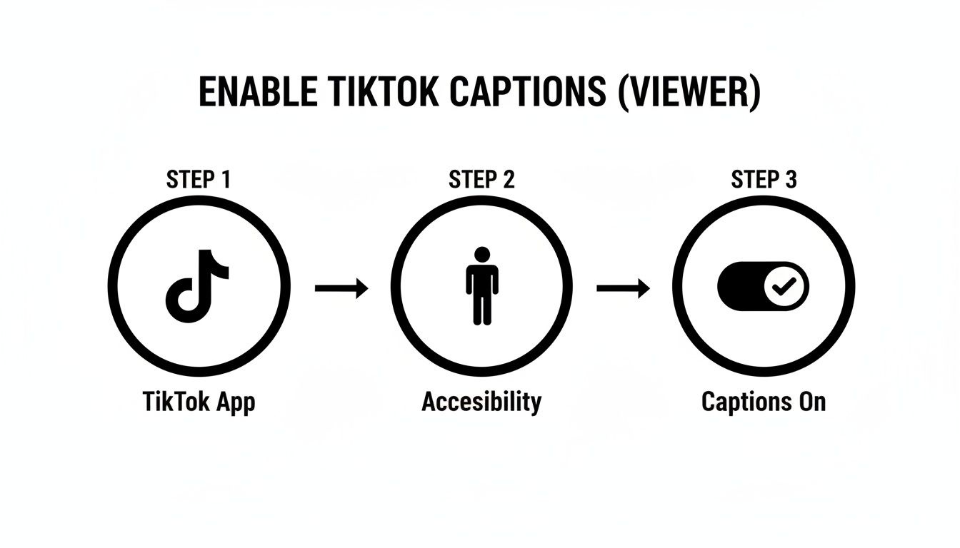 A diagram illustrates three steps to enable TikTok captions for viewers: TikTok App, Accessibility, and turning Captions On.