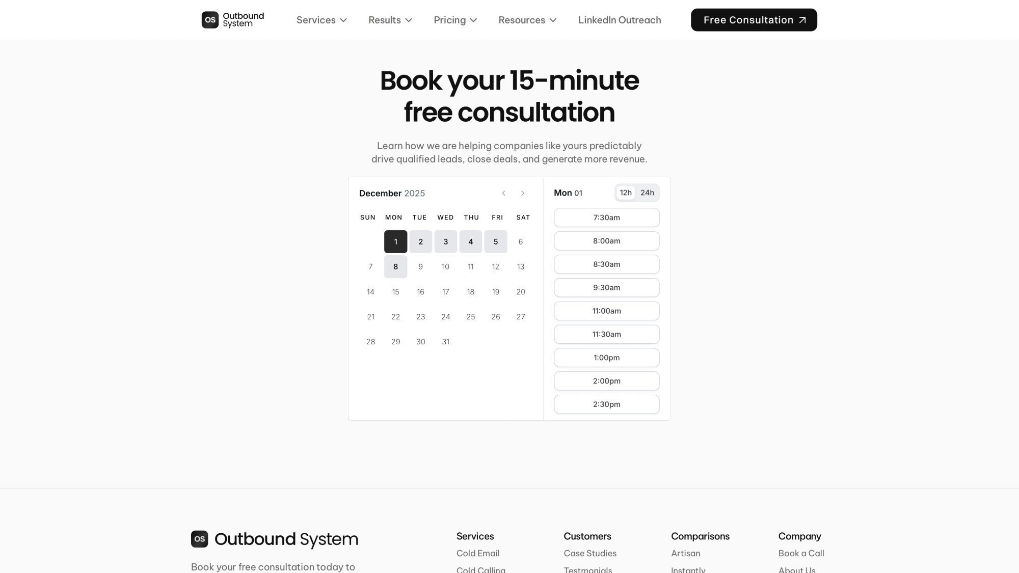 Outbound System consultation booking interface with calendar scheduling and contact form