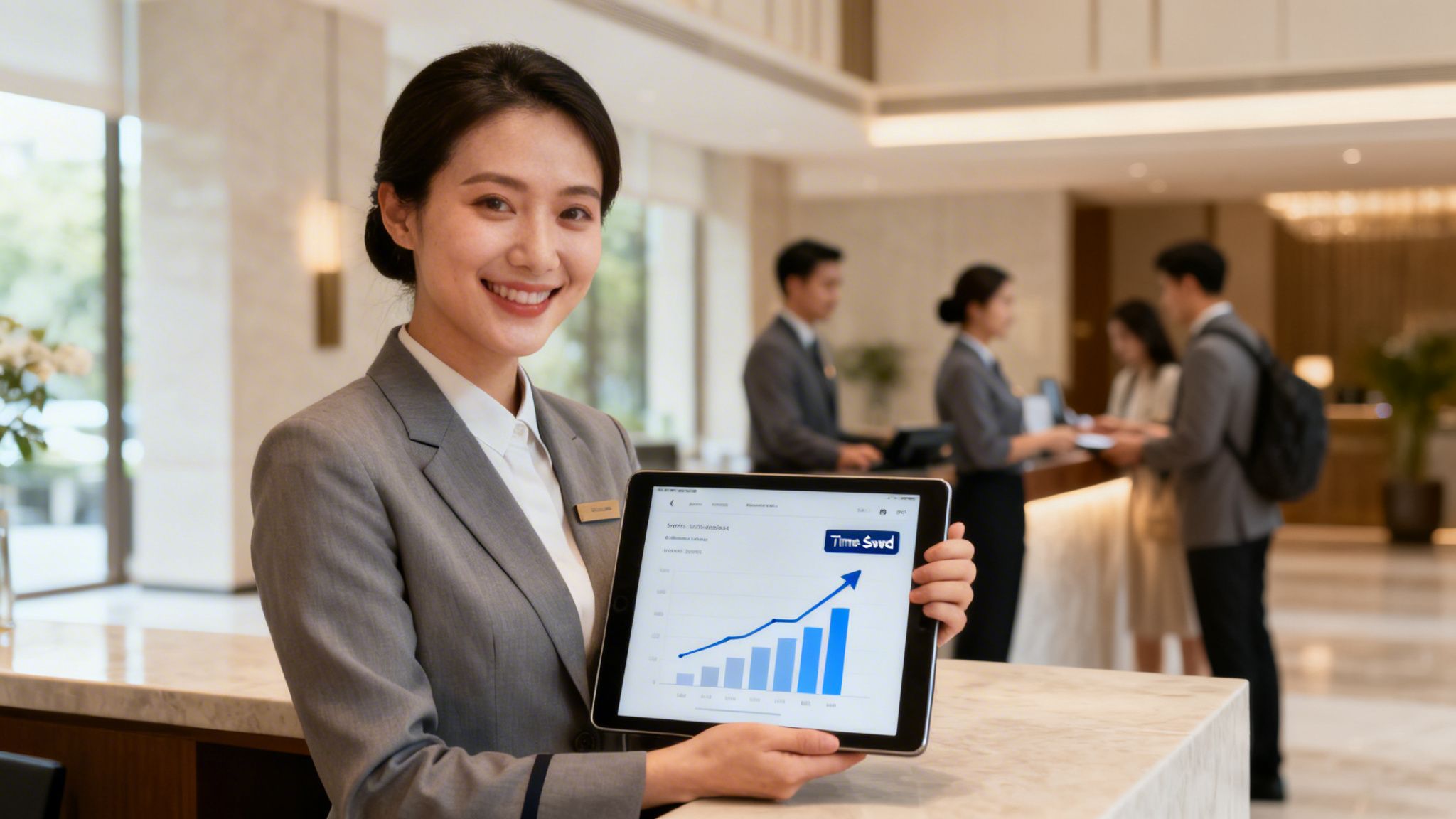Smiling hotel staff woman holds a tablet displaying an upward graph for 'Time Saved' in a modern lobby.
