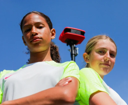 Two confident youth girl soccer players standing in front of a Reeplayer camera
