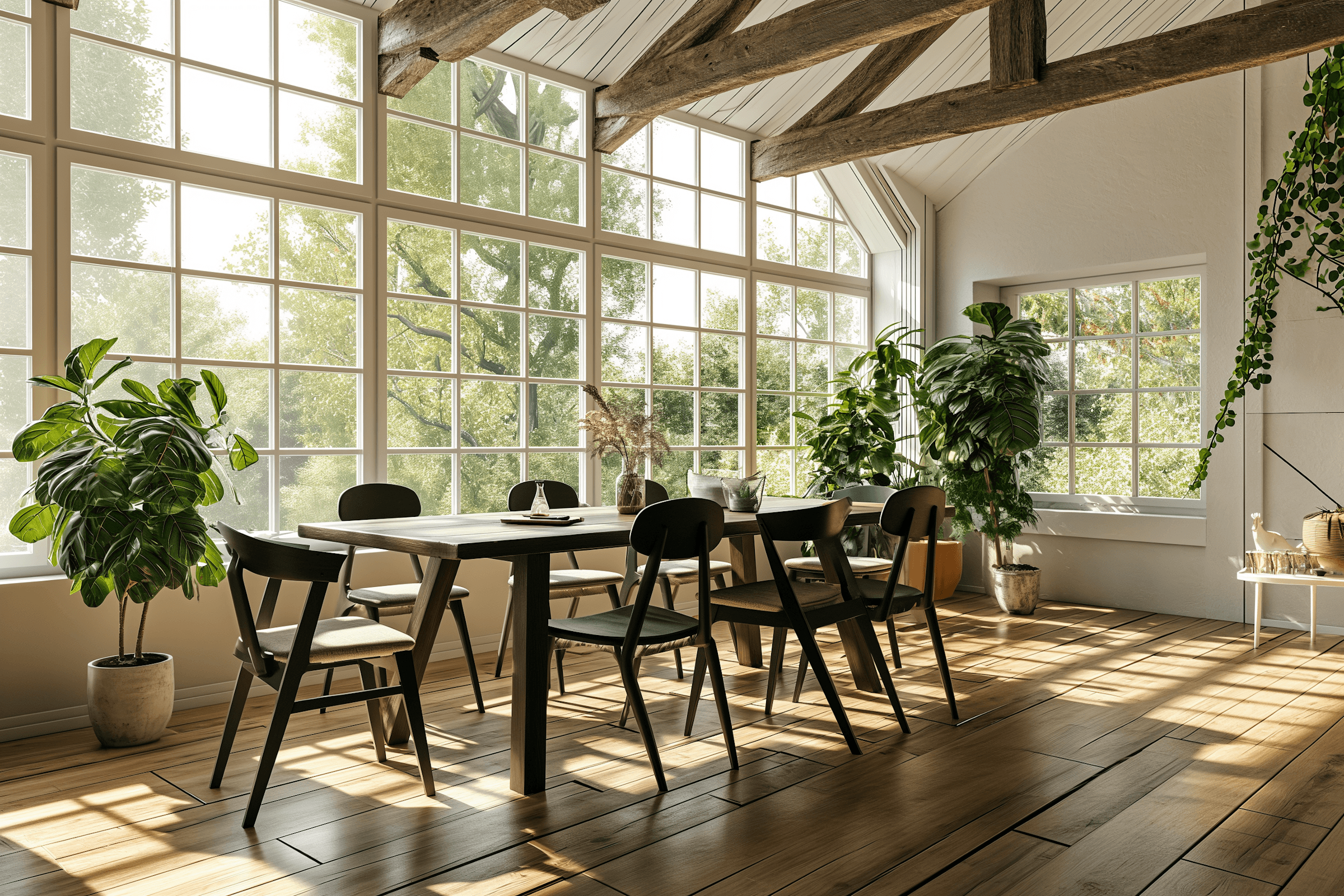 Rustic modern dining room with exposed timber beams, floor-to-ceiling windows, black modern dining set, abundant greenery, and hardwood floors