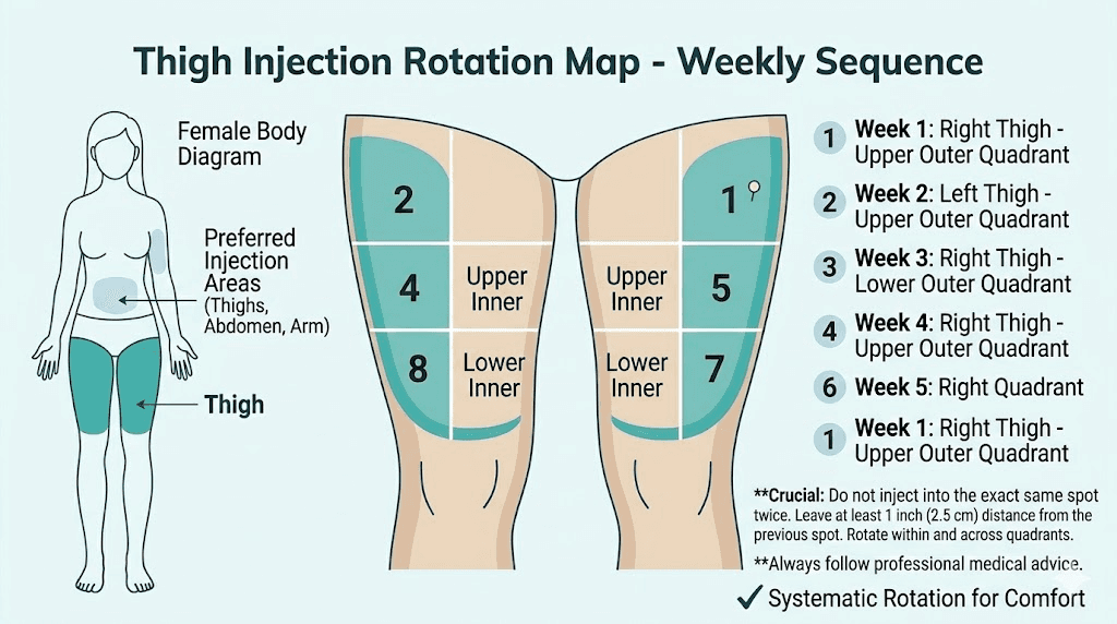 Tirzepatide thigh injection site rotation map with weekly schedule