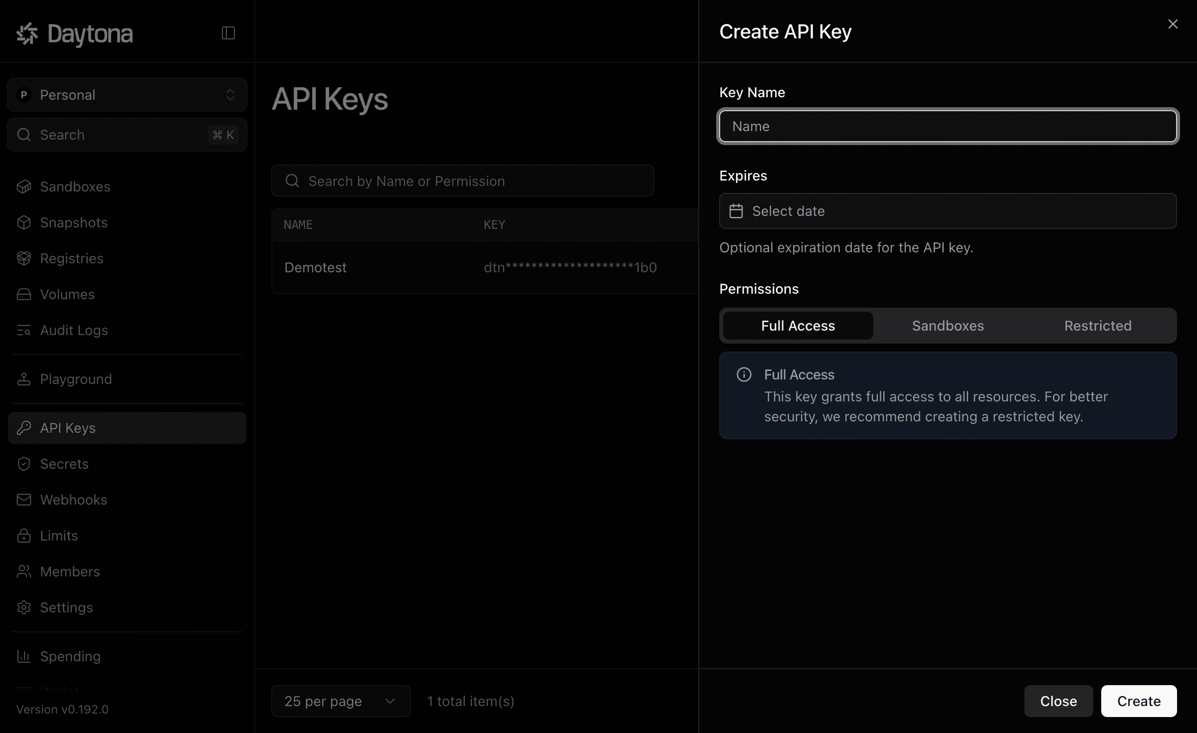 Create API Key dialog