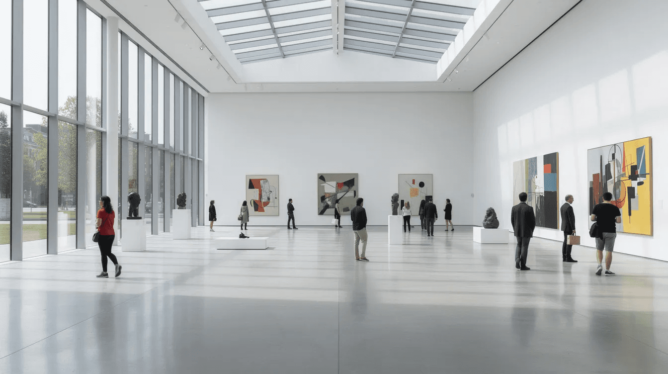 The image depicts a spacious art gallery interior featuring large open walls that allow natural light to flood the space, while visitors stroll through, engaging with the displayed artworks. This setting reflects a creative environment that could inspire innovative solutions for a design agency in Dubai, showcasing the importance of a well-designed space in enhancing brand engagement and user experience.