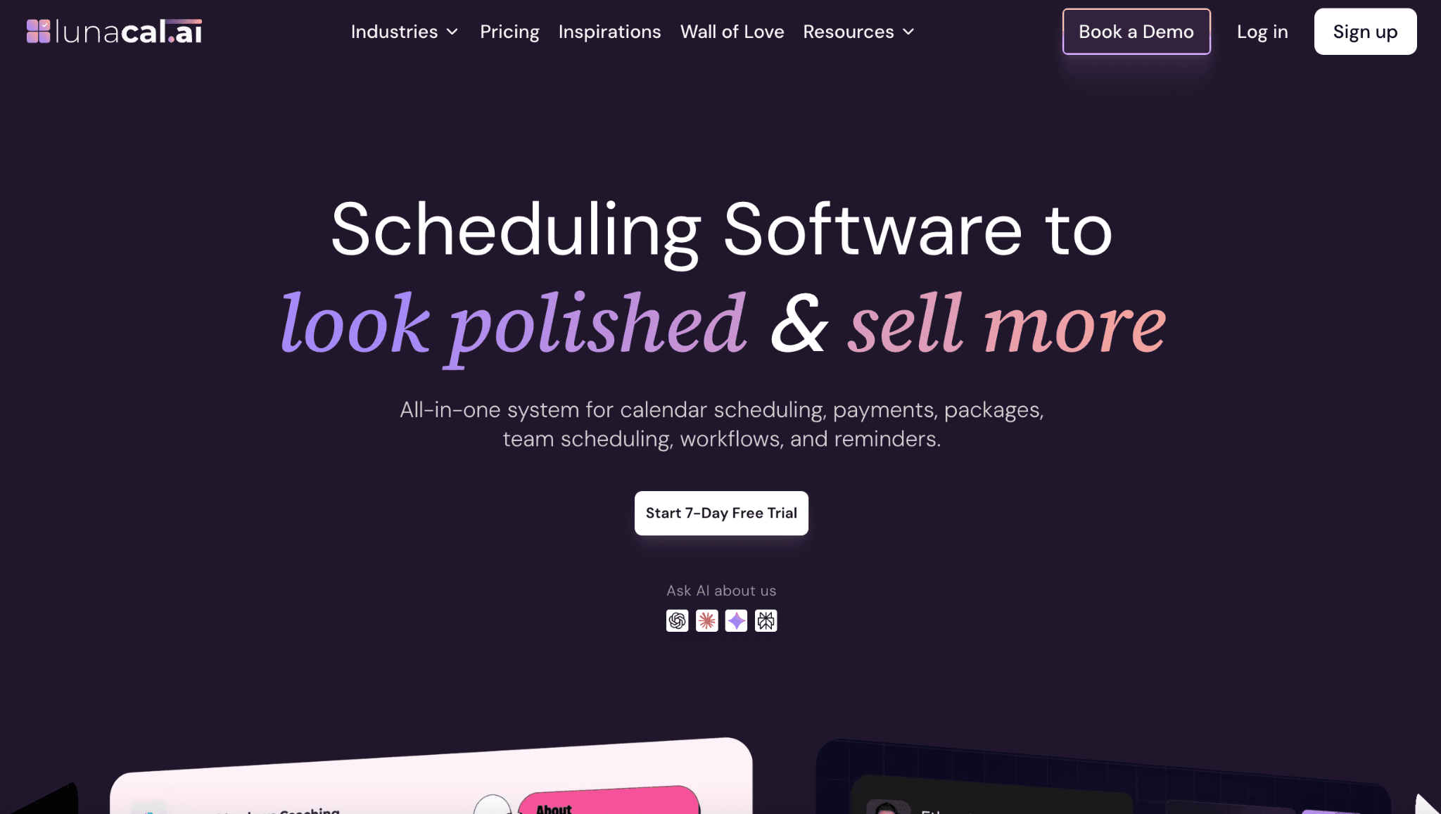 Screenshot of Lunacal booking page with embedded media