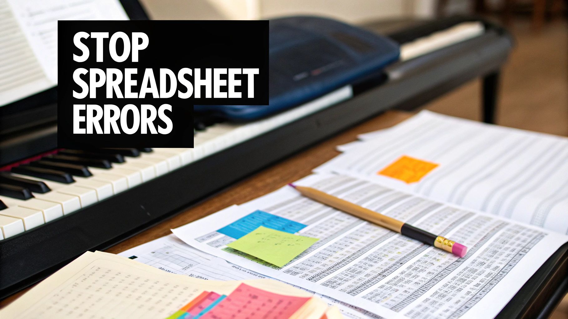 Text 'STOP SPREADSHEET ERRORS' over a desk with spreadsheets, sticky notes, a pencil, and a piano.