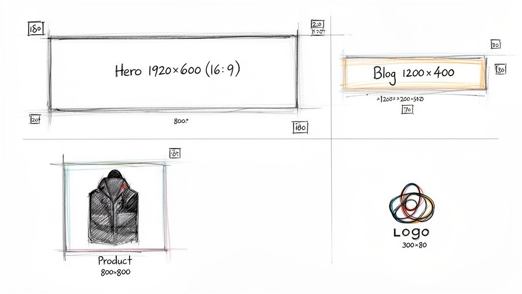 Hand-drawn sketch illustrating common web content blocks like Hero, Blog, Product, and Logo with their dimensions.