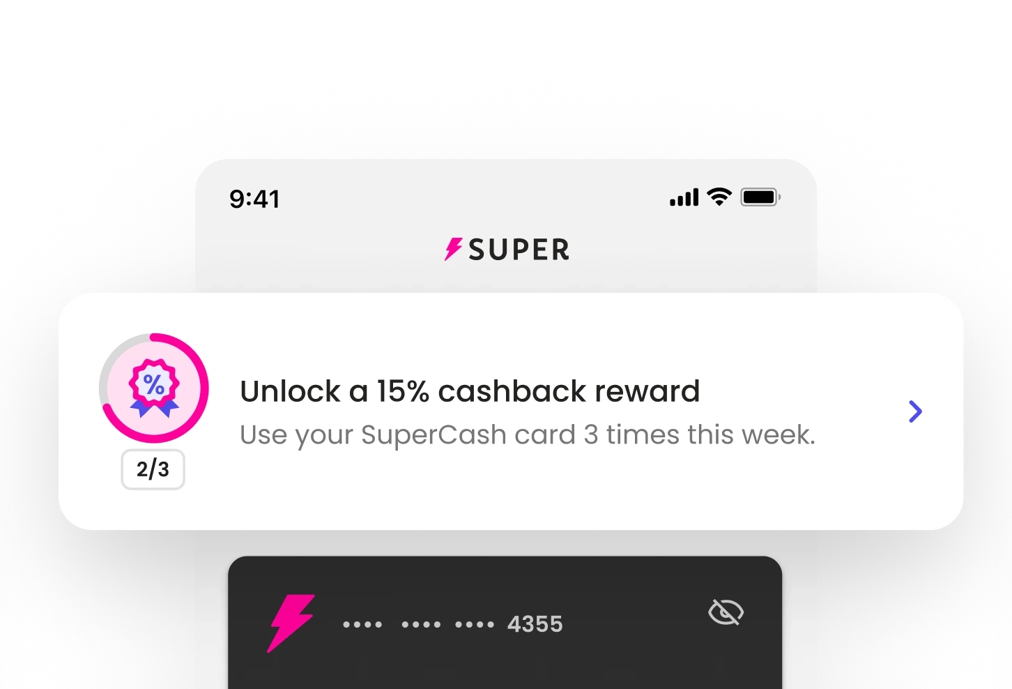 A mobile UI card labeled 'Visible progress.' The reward icon features a pink progress ring that is two-thirds full, accompanied by a '2/3' text indicator to visualize user advancement toward a cashback reward.