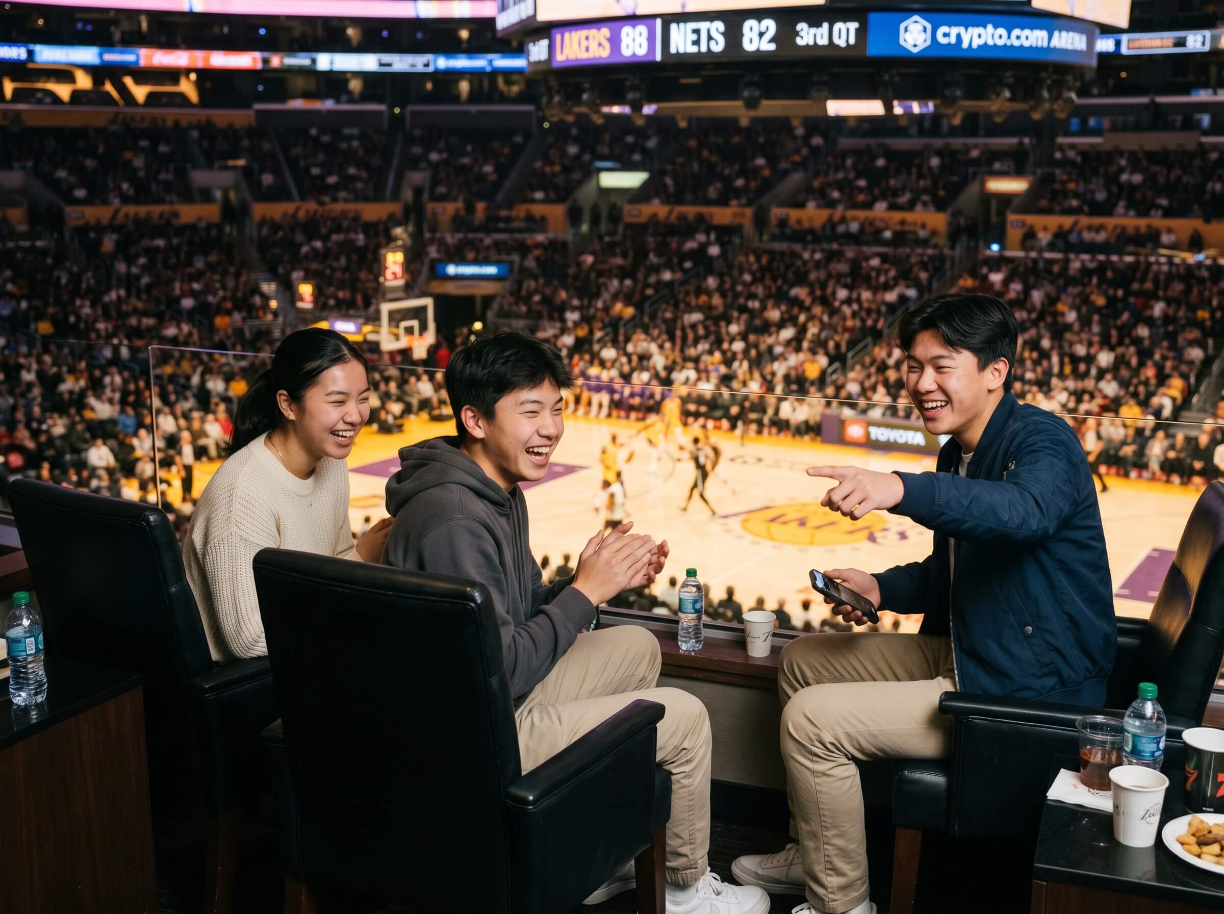 Three people enjoying a basketball game from a luxurious stadium suite, smiling and interacting while the Lakers play the Nets on the court below.