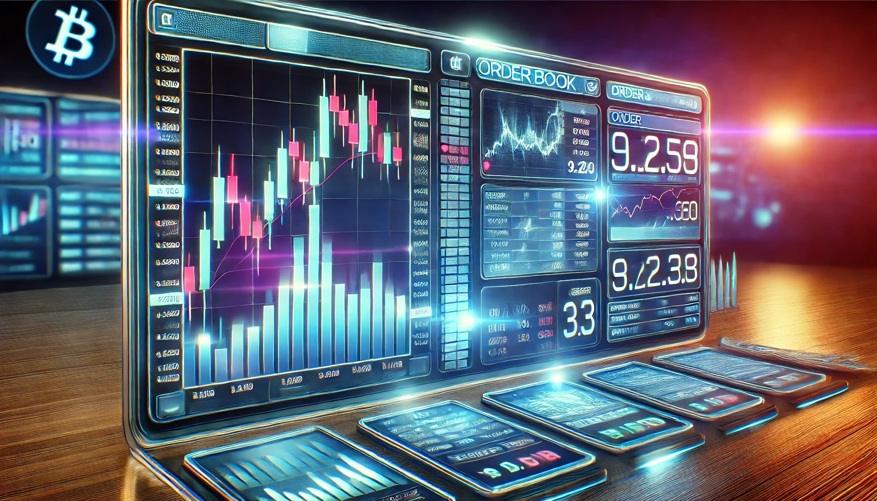 Crypto-themed image featuring charts, digital coins, and market trends, representing cryptocurrency trading and blockchain technology.