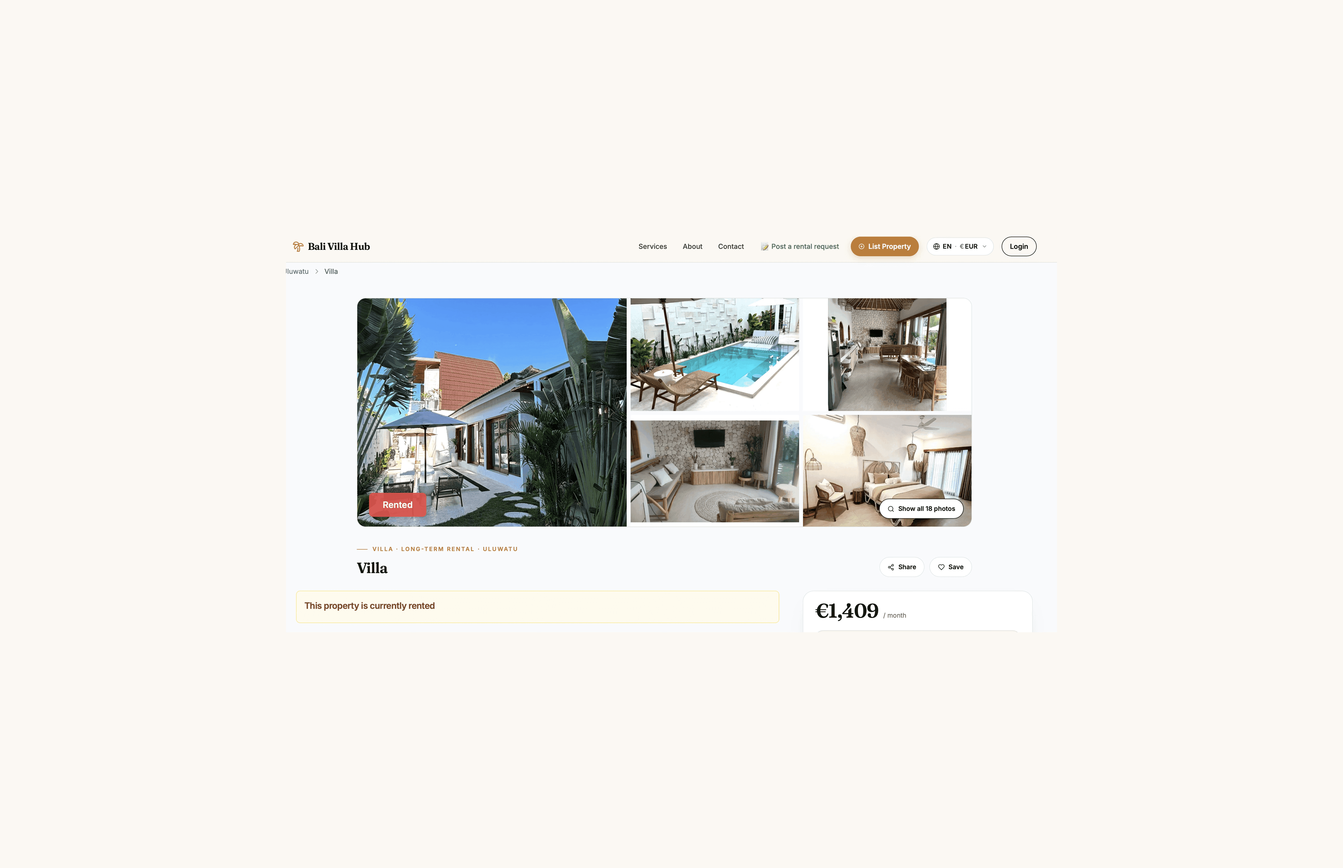 Screenshot of a Bali Villa Hub listing showing a two-bedroom pool villa in Uluwatu priced at 1,409 euros per month, marked as currently rented.