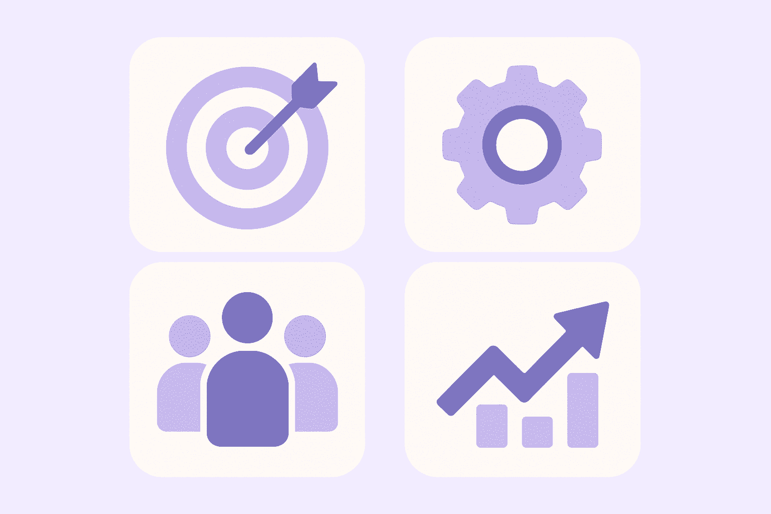 Flat-style illustration with four pastel purple icons—a target, gear, people, and upward arrow—representing the key foundations of workplace productivity: clarity, efficiency, teamwork, and growth.