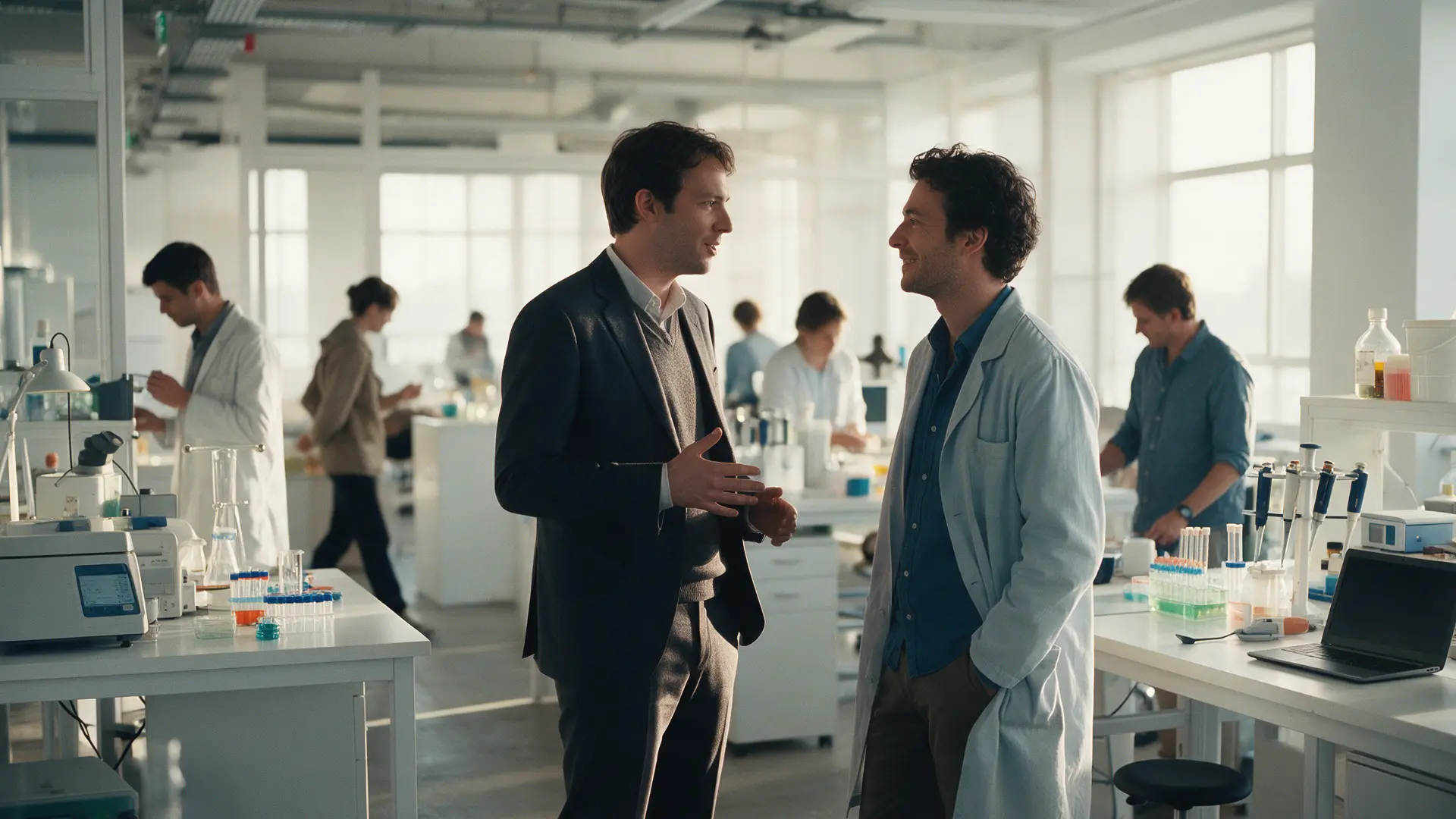 Executive and scientist in conversation in a research laboratory