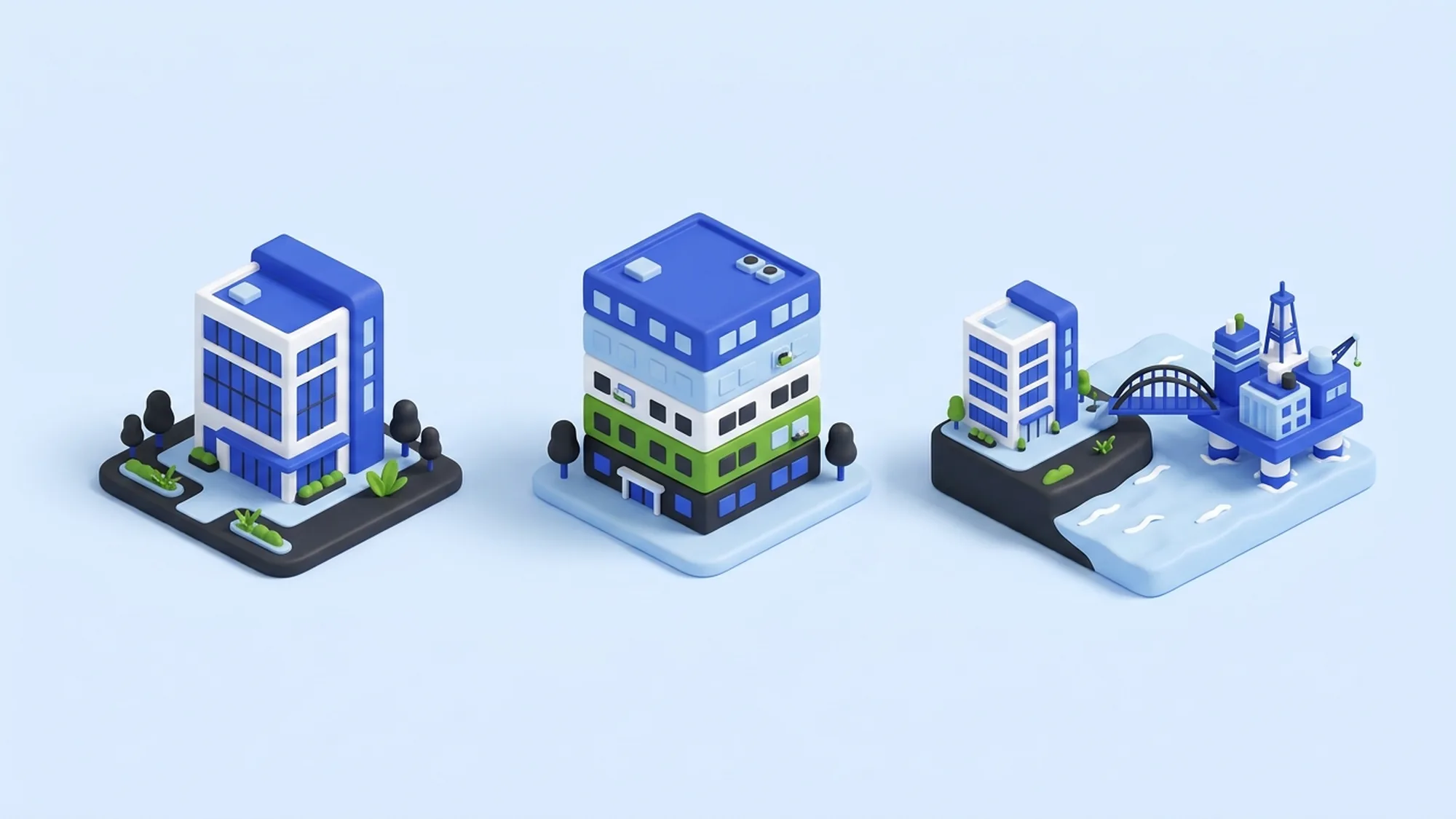 3D-illustrasjon av outsourcingmodeller: dedikert team, delt senter og hybridmodell