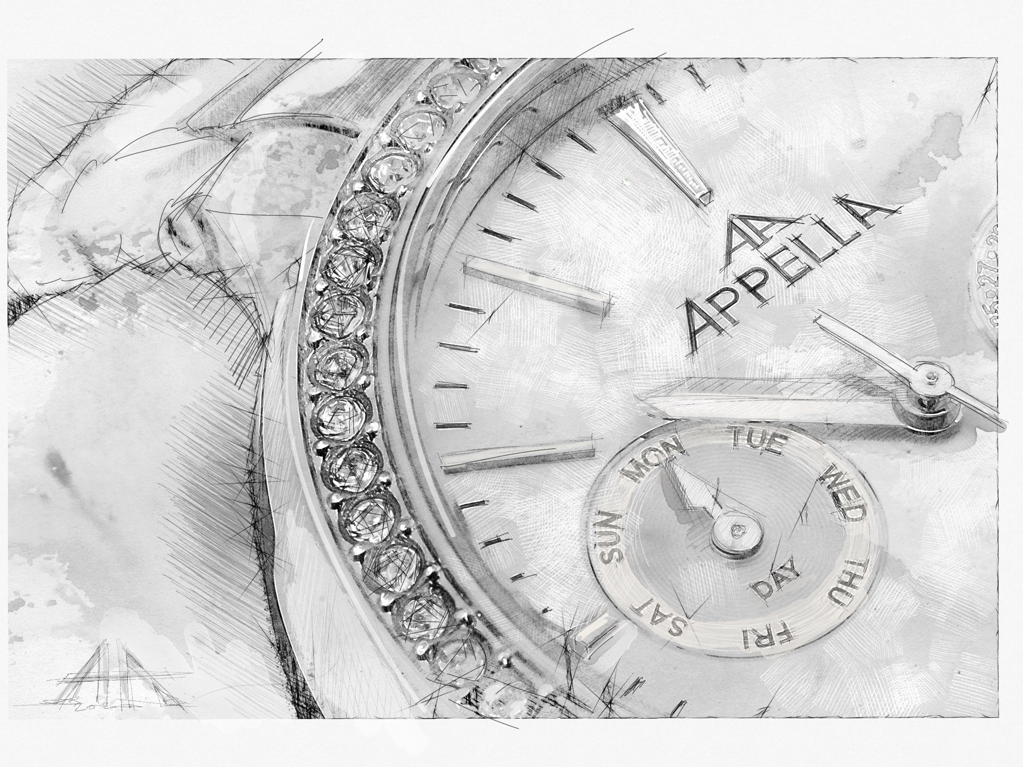 Artistic monochrome sketch of a diamond-set wristwatch with detailed dial and day-date display.