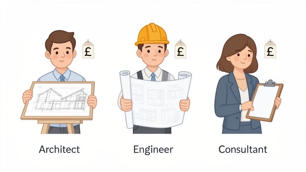 Cartoon illustration of an architect, engineer, and consultant, each with a pound price tag.