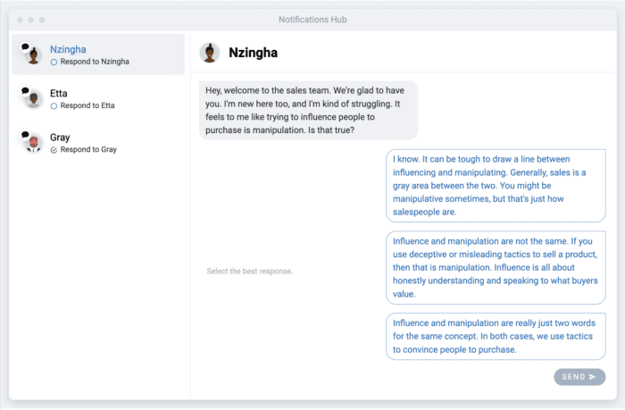 A screenshot of the Notifications Hub in a Simternship. Messages are lined up on the left, and students can choose a message and select an appropriate response.