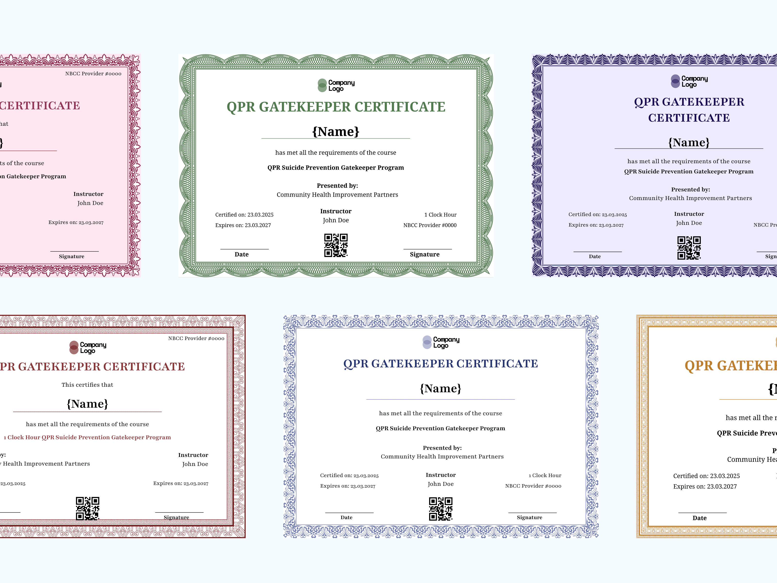 QPR Gatekeeper certificate template with recipient name field, instructor details, Community Health Improvement Partners presenter information, certified date, expiry date, NBCC Provider number, QR code, and signature line