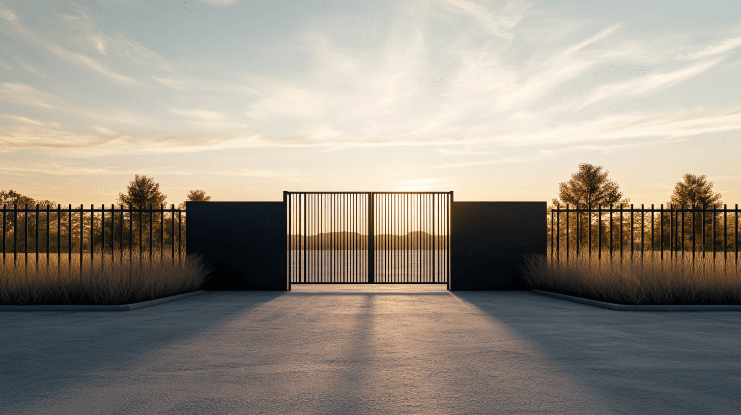 Modern glass building with illuminated entrance and trees at dusk