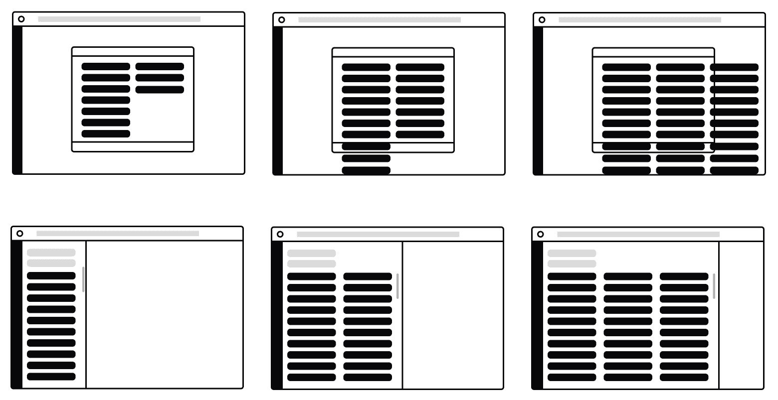 A sequence of six wireframes illustrating a comparative analysis of data cascading models. The top row demonstrates 'Top-to-Bottom' cascading in a modal, showing issues with vertical overflow as list items increase. The bottom row presents an optimized 'Left-to-Right' cascading model across multiple columns in a full-page view, enabling better scannability and content management.