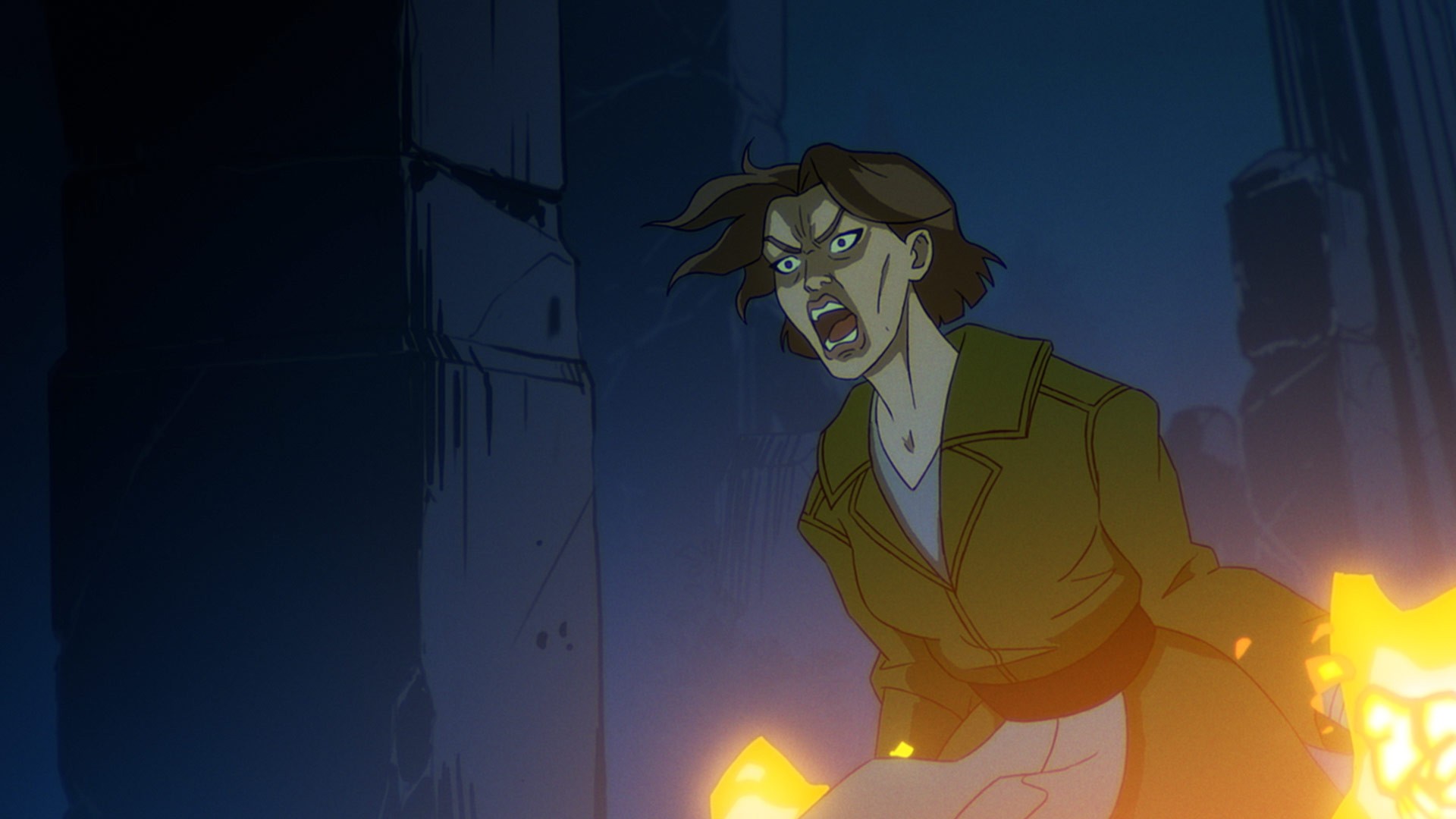 A female character unleashes a massive energy magic power attack, creating a visually striking and dynamic moment.