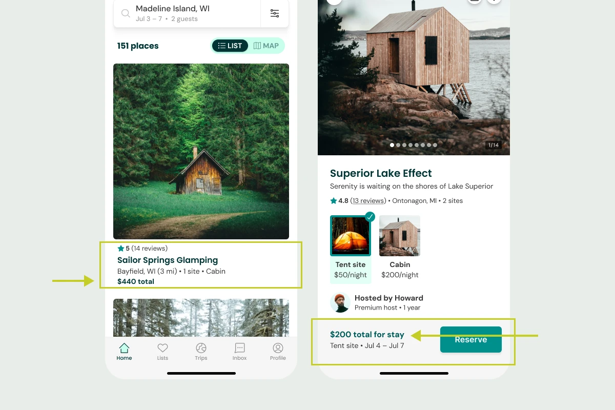 Two mobile app screens showing cabin rental listings. Left screen: "Sailor Springs Glamping" with forest cabin image, $440 total. Right screen: "Superior Lake Effect" cabin on rocks, $200 total for reserve.