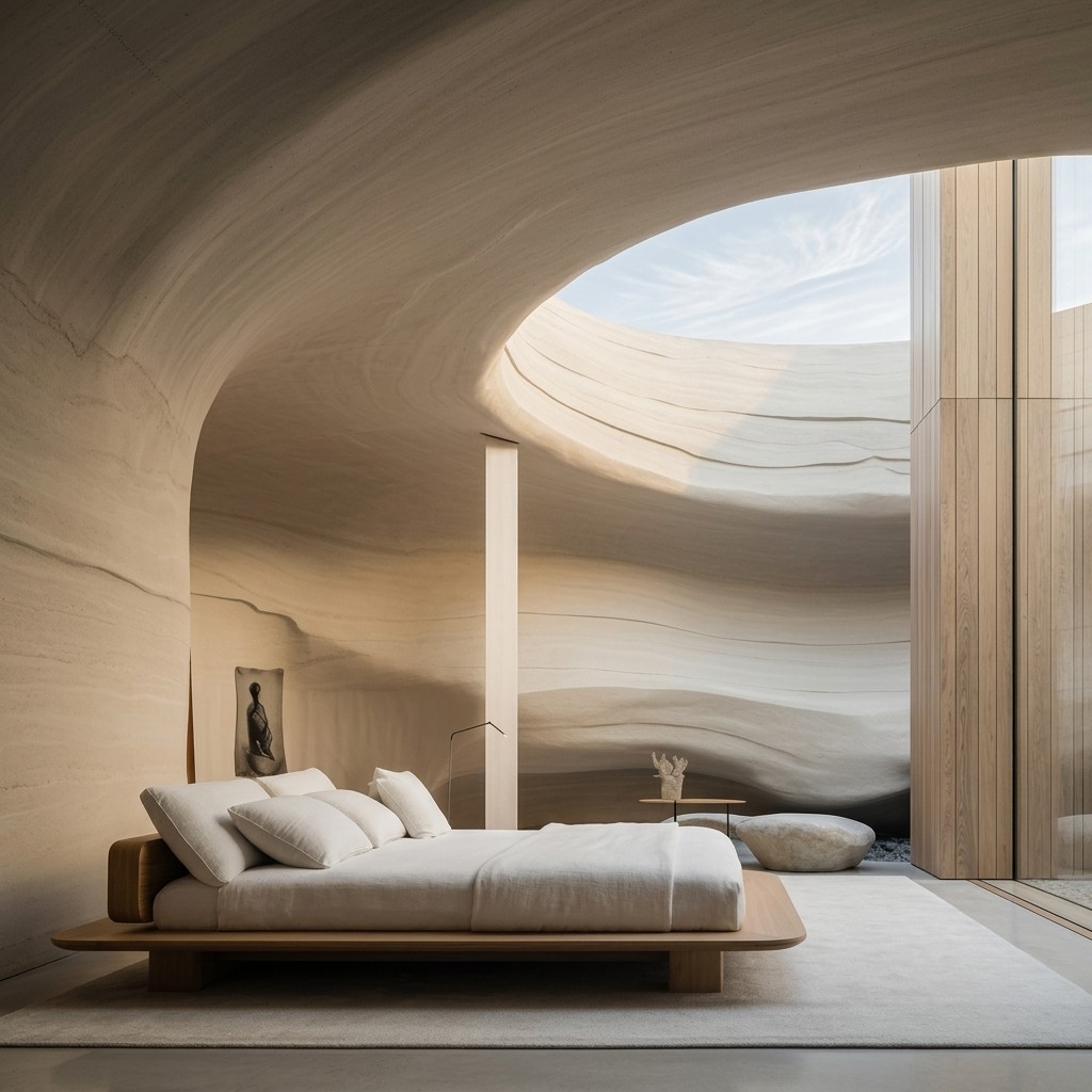 Minimalist bedroom with cavernous organic walls, a skylight, and a low wooden bed.