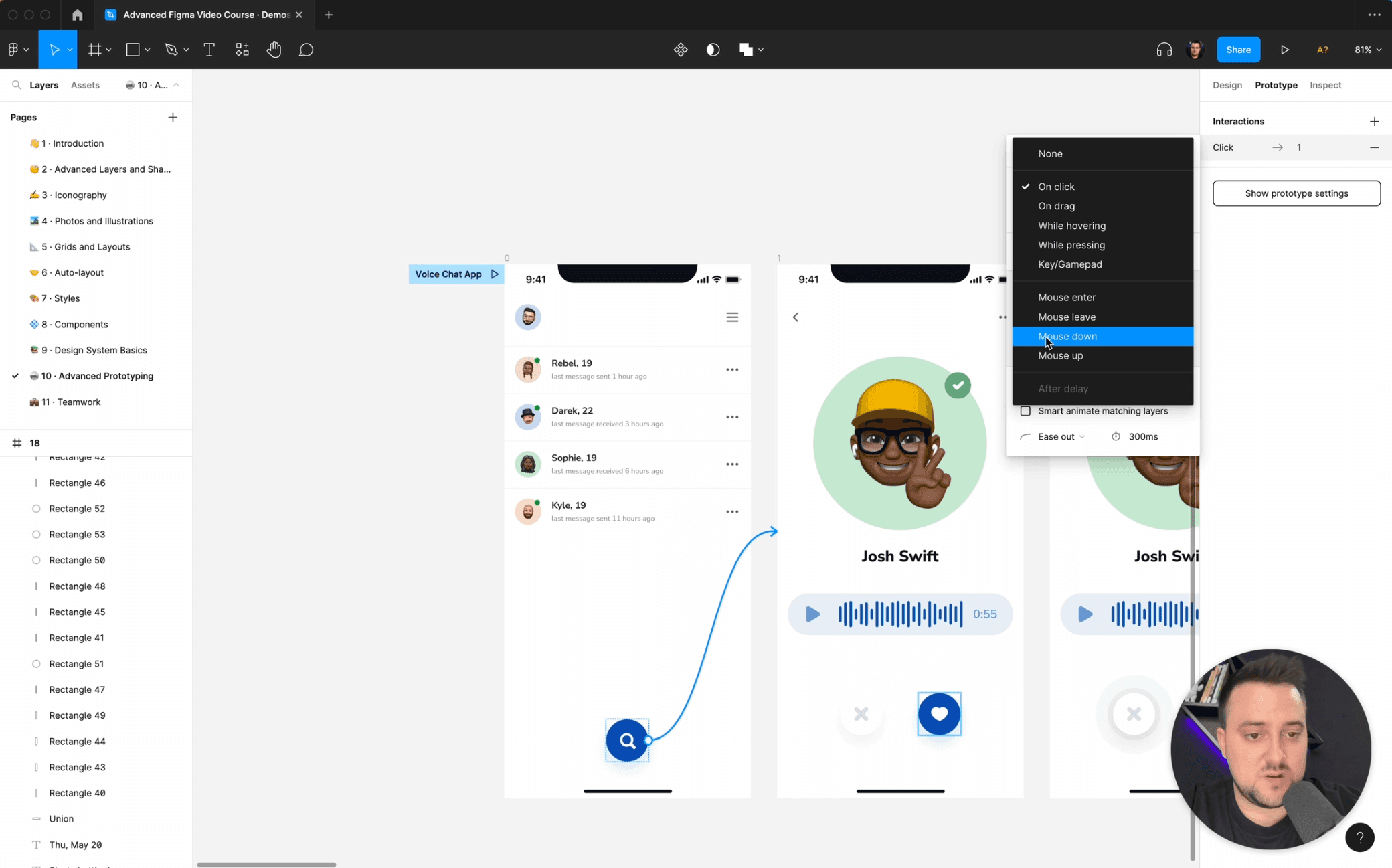 Image shows screenshots from Figma Course, prototpying