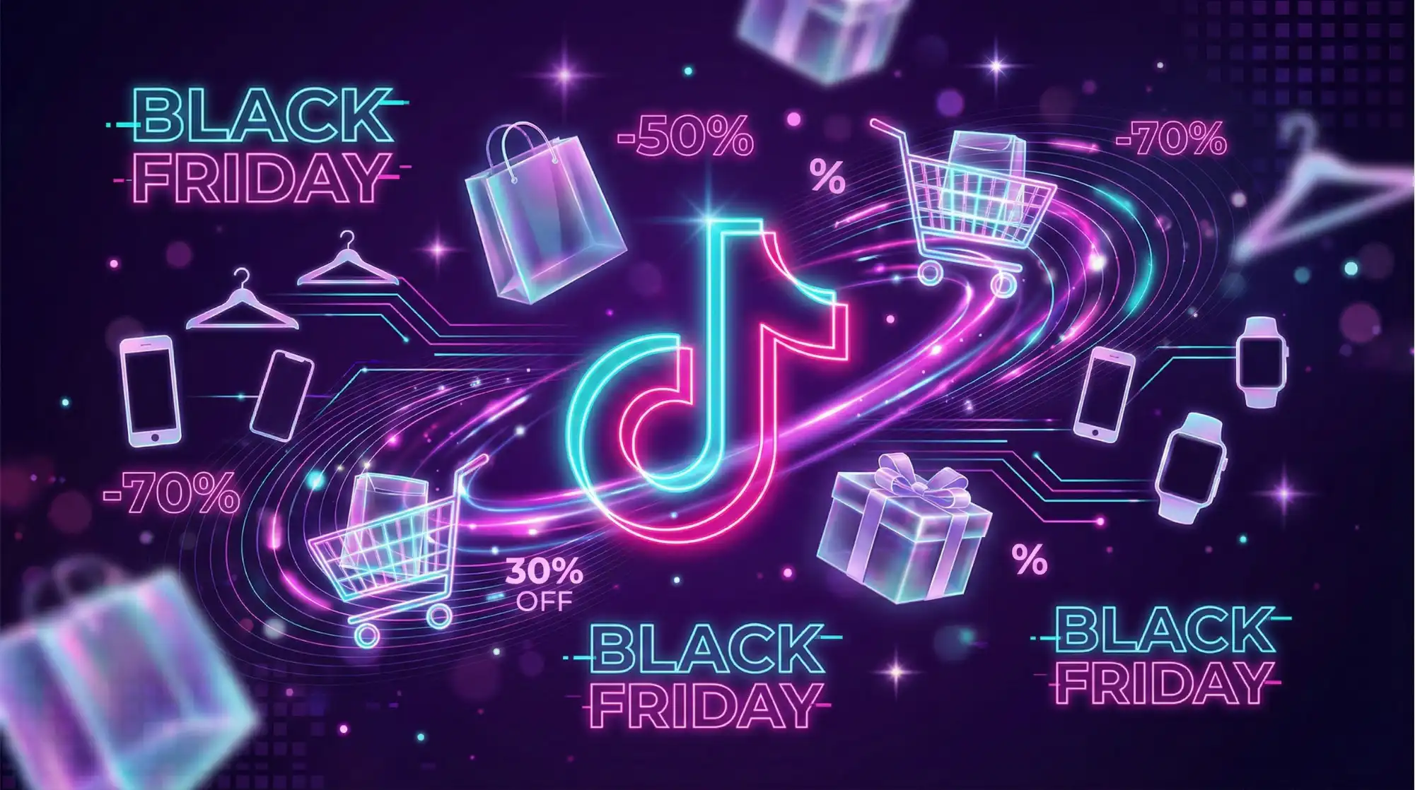 TikTok logo surrounded by neon shopping carts, discount symbols, and Black Friday elements in glowing cyan and magenta