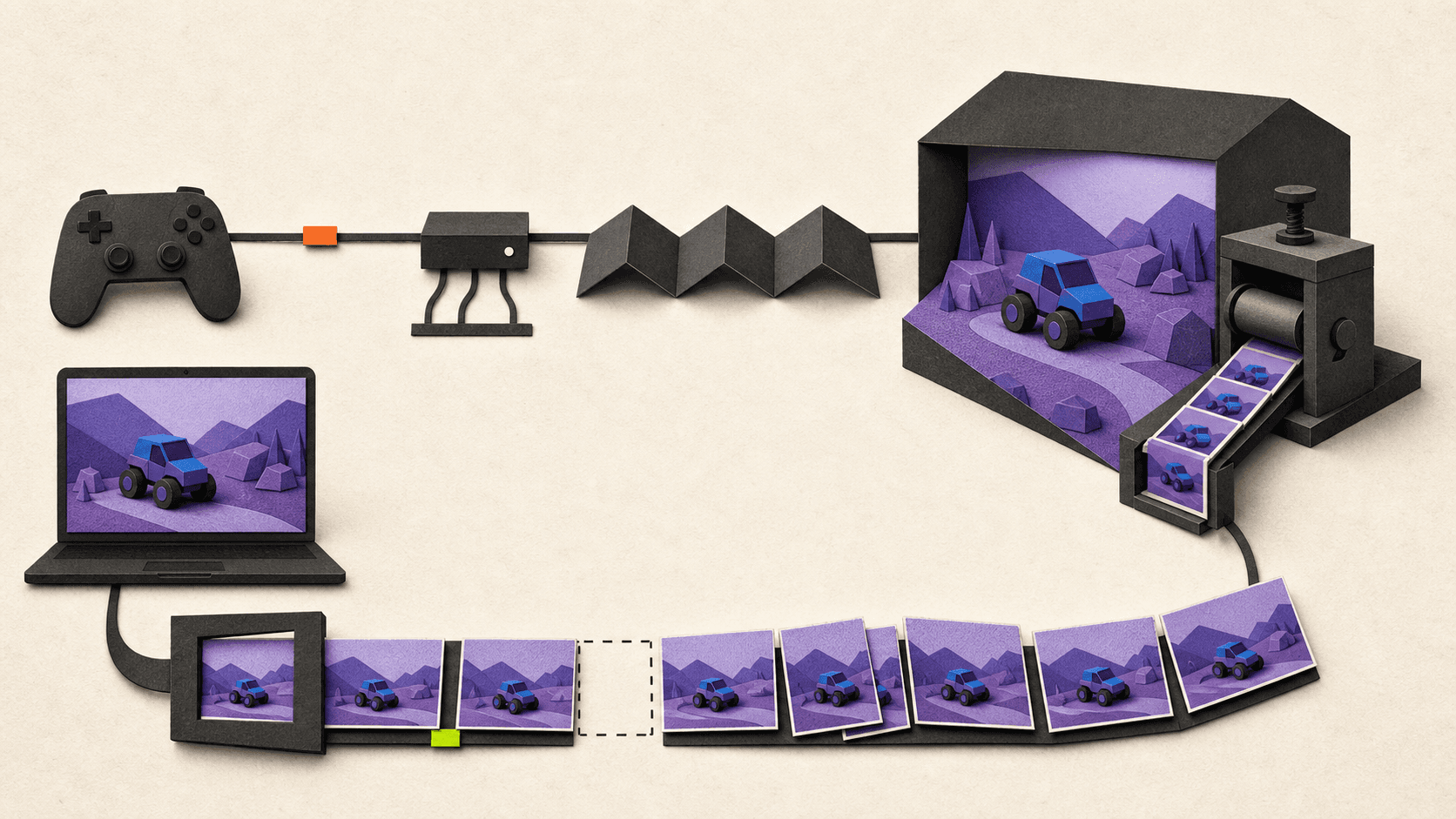 A controller input travels through a home network to a remote rendering workshop, then returns as decoded video frames with subtle jitter and packet loss.