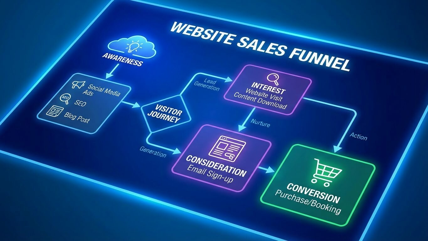 Website sales funnel flowchart showing visitor journey from awareness to conversion