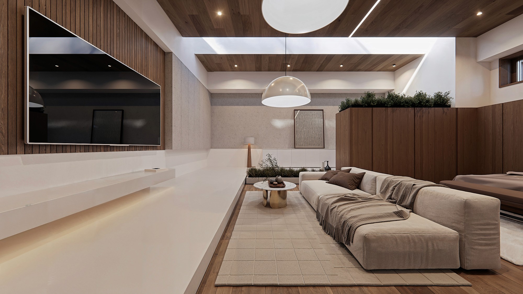 Modern master suite with a seating area, wooden details and soft lighting