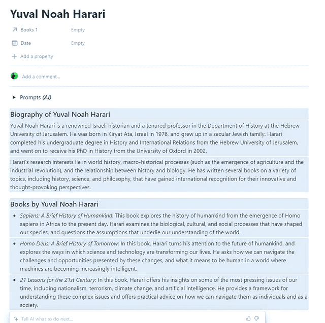 AI Generated Author biography inside a Notion page for Yuval Noah Harari