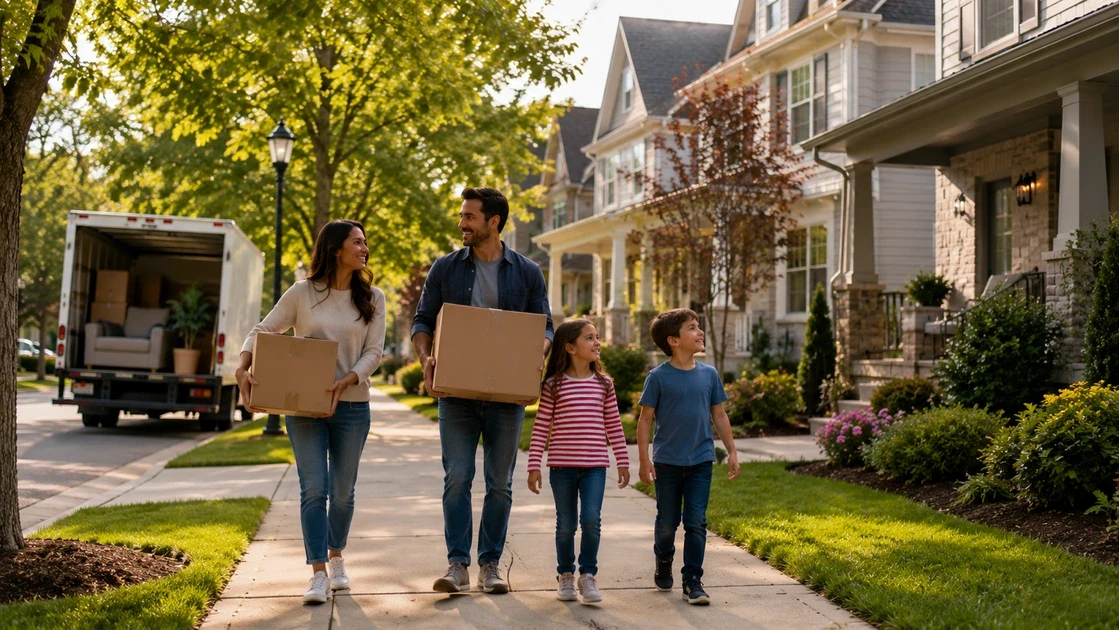 A real estate professional guiding out-of-state relocation clients through a structured virtual neighborhood map on a high-resolution display.