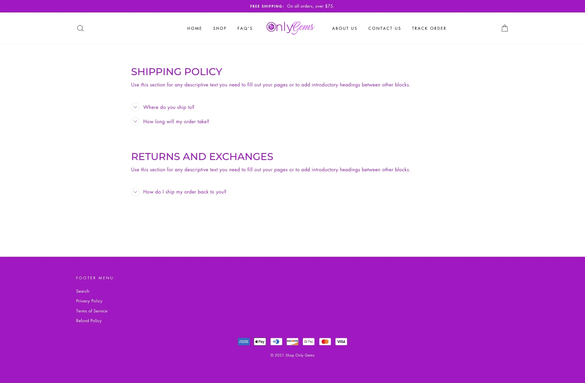 faqs page for shoponlygems website developed & designed by Dreams Agency Mississauga, Ontario