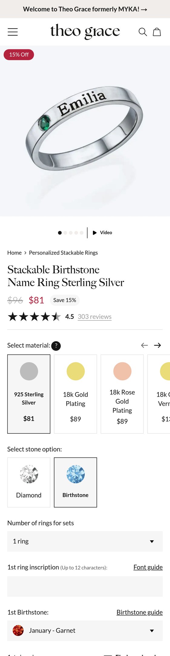 Jewelry product options include: ring, birthstone for Stackable Birthstone Name Ring Sterling Silver from Theo Grace.