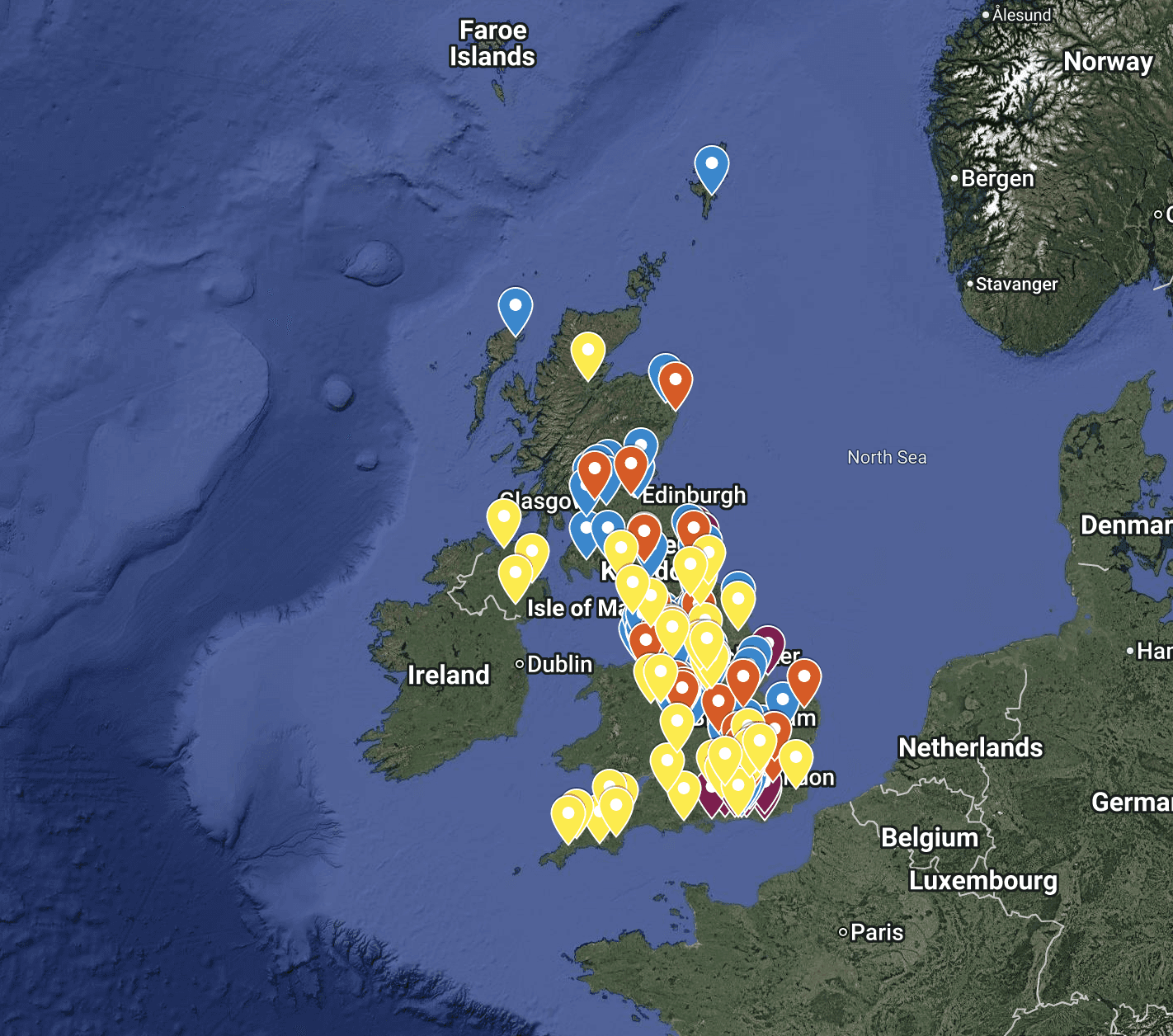 Map of the United Kingdom with location pins, including Edinburgh and Ireland, highlighting that RKEC operate nationwide and offers electrical and mechanical engineering services across the whole UK.