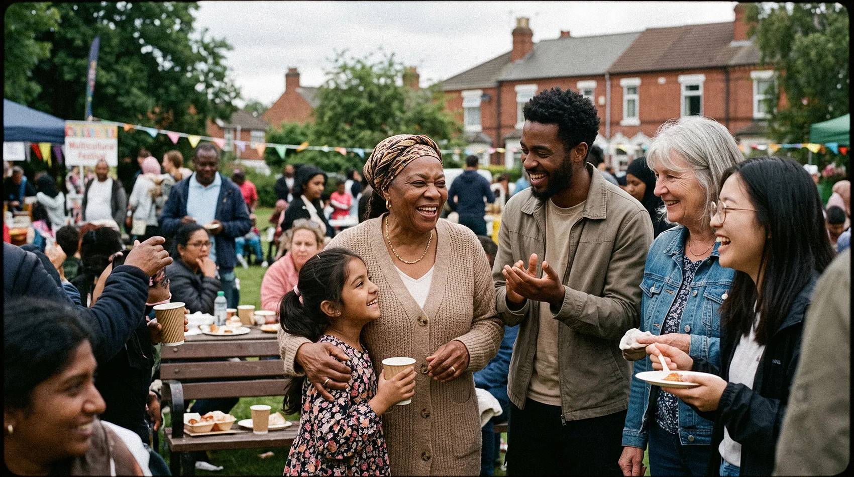 Diverse multigenerational group laughing at multicultural festival in UK park - communicating with multicultural communities