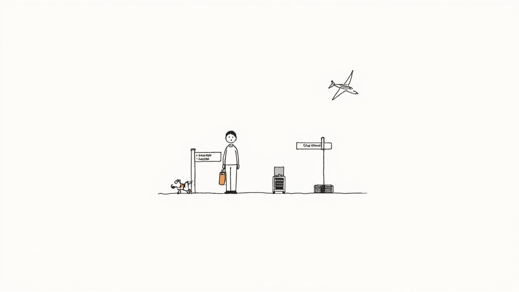 Cartoon drawing of a person and a dog at an airport, with an airplane flying overhead.