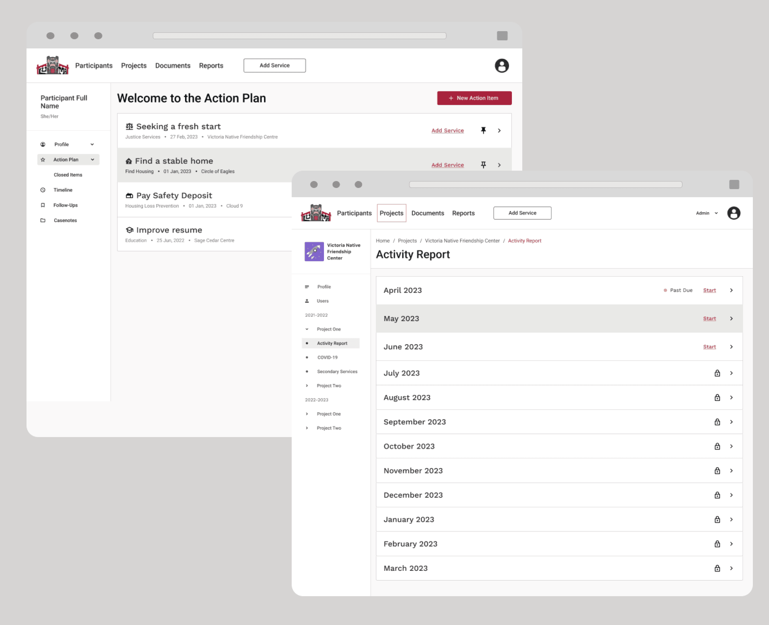 High-fidelity wireframes of a reporting dashboard, displaying data visualizations such as charts and graphs, alongside filters and navigation options for detailed analysis