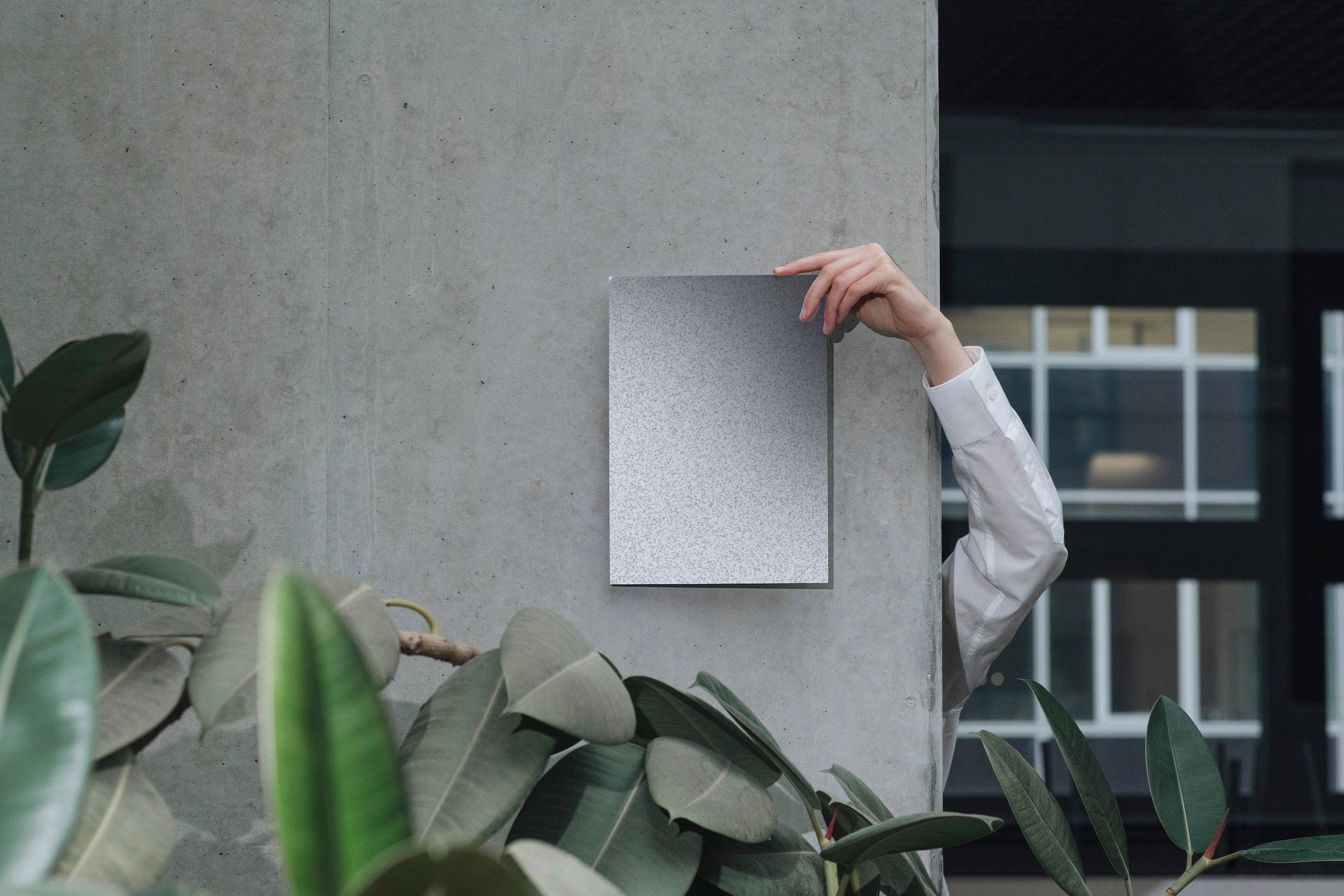 A hand extends from behind a wall, holding a rectangular mirror that reflects light, surrounded by green plants, creating a mysterious and modern indoor setting.