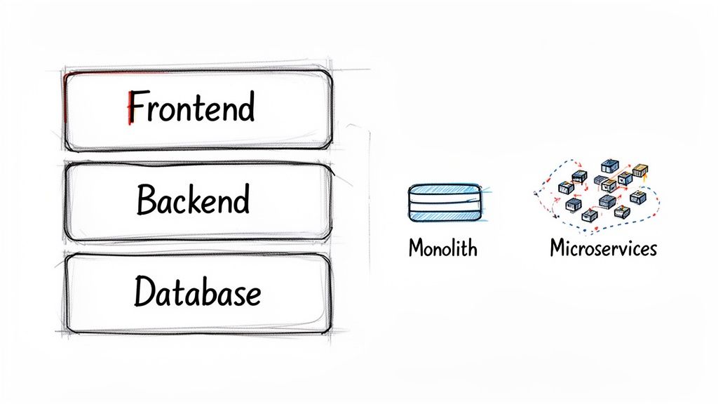 Illustration of web application architecture, contrasting a layered monolith (frontend, backend, database) with distributed microservices.